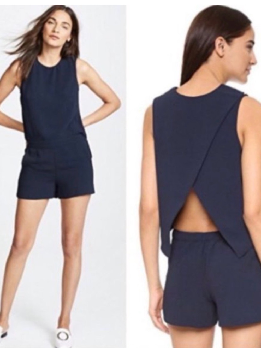 Club Monaco Navy Sleeveless Crossover Open Back Romper